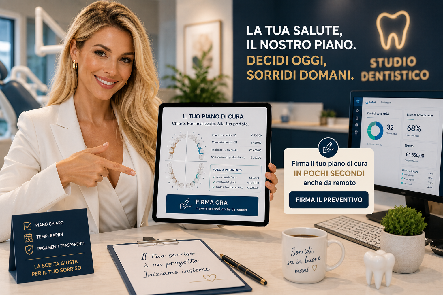 Firma del piano di cura dal tablet in studio o da remoto, con dashboard I-Med del tasso di accettazione preventivi