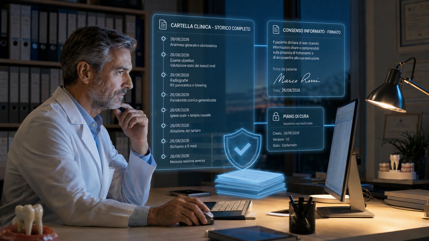 Odontoiatra consulta la cartella clinica digitale con storico datato, consenso informato firmato e piano di cura non modificabile