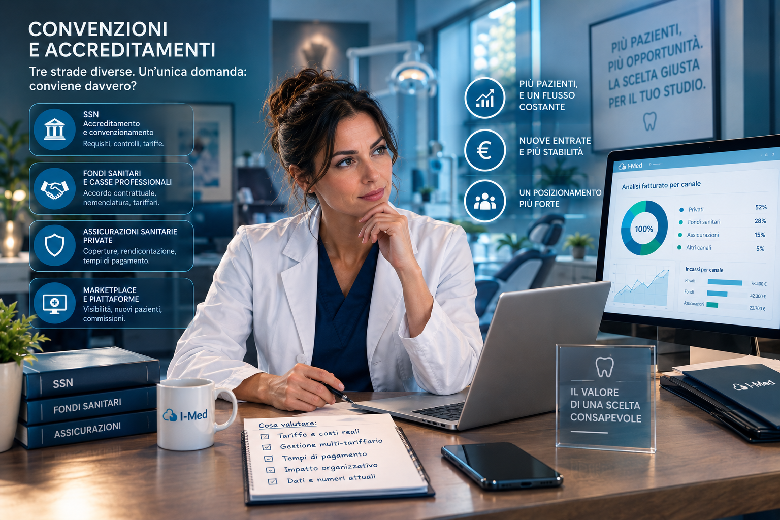 Titolare di studio dentistico che valuta un accordo di convenzione: le differenze tra accreditamento SSN, convenzione con fondi sanitari e assicurazioni private