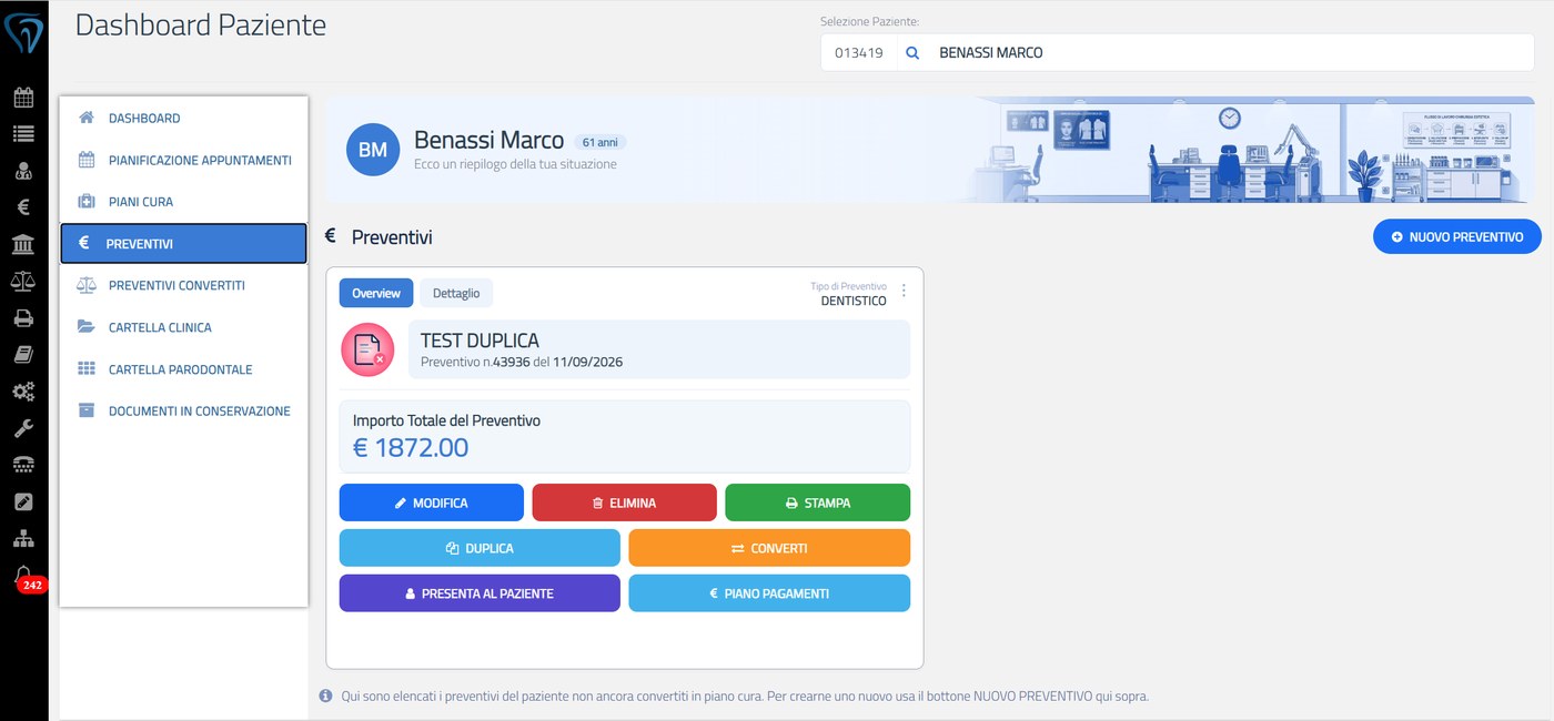 Preventivi: overview, duplicazione, conversione in piano di cura e accesso diretto alla presentazione al Paziente