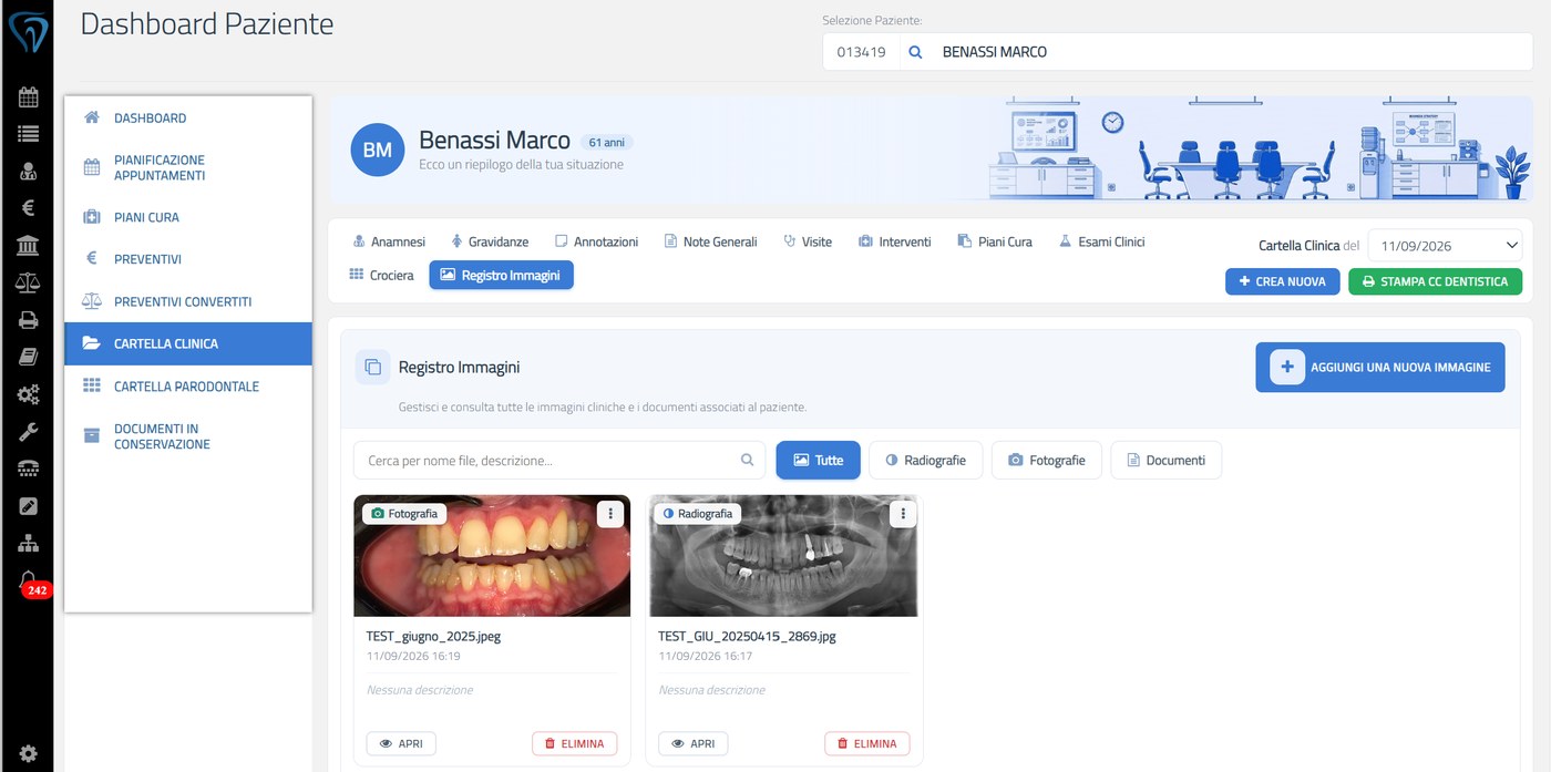 Il Registro Immagini dentro la Cartella Clinica: filtro per Tutte, Radiografie, Fotografie e Documenti, ricerca per nome file o descrizione