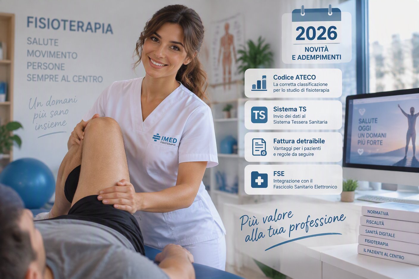 Fisioterapista che tratta il ginocchio di un Paziente in uno studio di fisioterapia, con gli adempimenti 2026: codice ATECO, Sistema TS, fattura detraibile e FSE