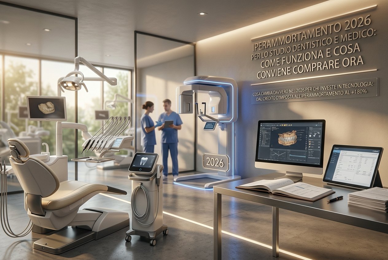 Studio dentistico con TAC/CBCT di nuova generazione e postazioni digitali: l'agevolazione Iperammortamento 2026 al +180% sugli investimenti in tecnologia