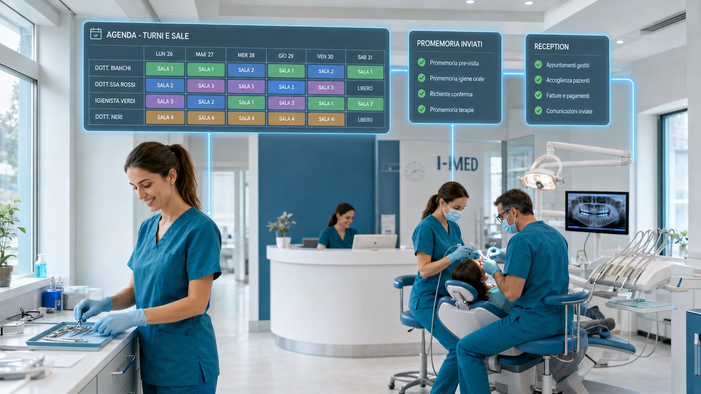 Equipe di uno studio dentistico al lavoro con agenda dei turni e delle sale, promemoria inviati e reception sotto controllo