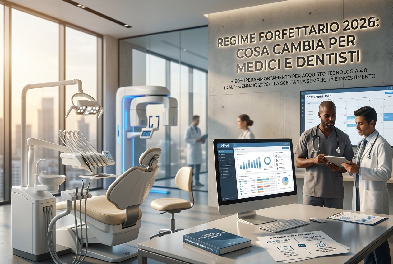 Studio dentistico con software I-Med a schermo: medico e collaboratore verificano regime forfettario e coefficiente di redditivit&agrave; 2026