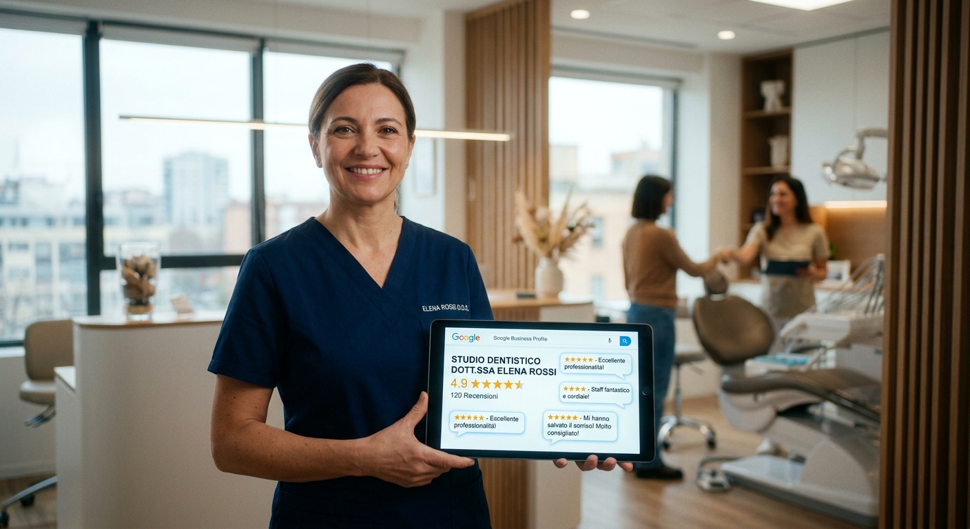 Dentista mostra su tablet le recensioni Google a 5 stelle dello studio, con reception e sala operativa sullo sfondo