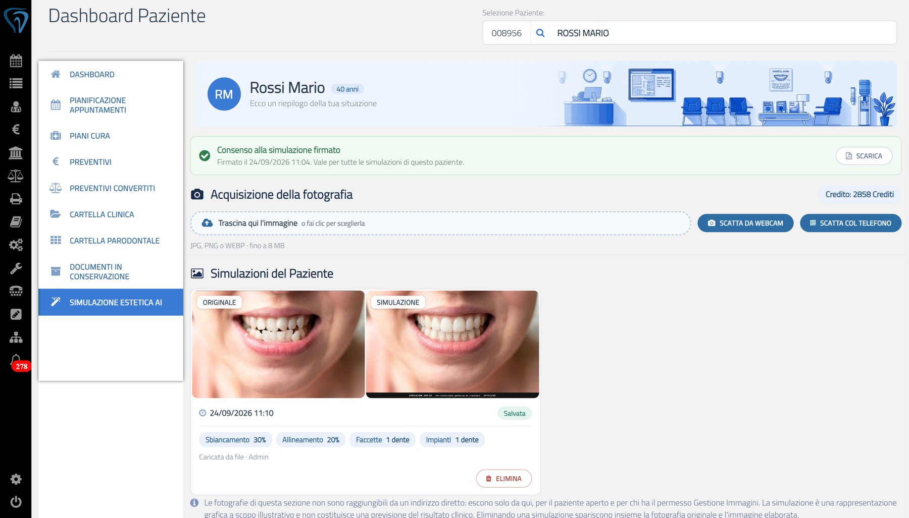 Le simulazioni del Paziente: consenso firmato con data, crediti disponibili, originale e simulazione affiancati con i trattamenti applicati, e l'eliminazione sempre a portata di clic
