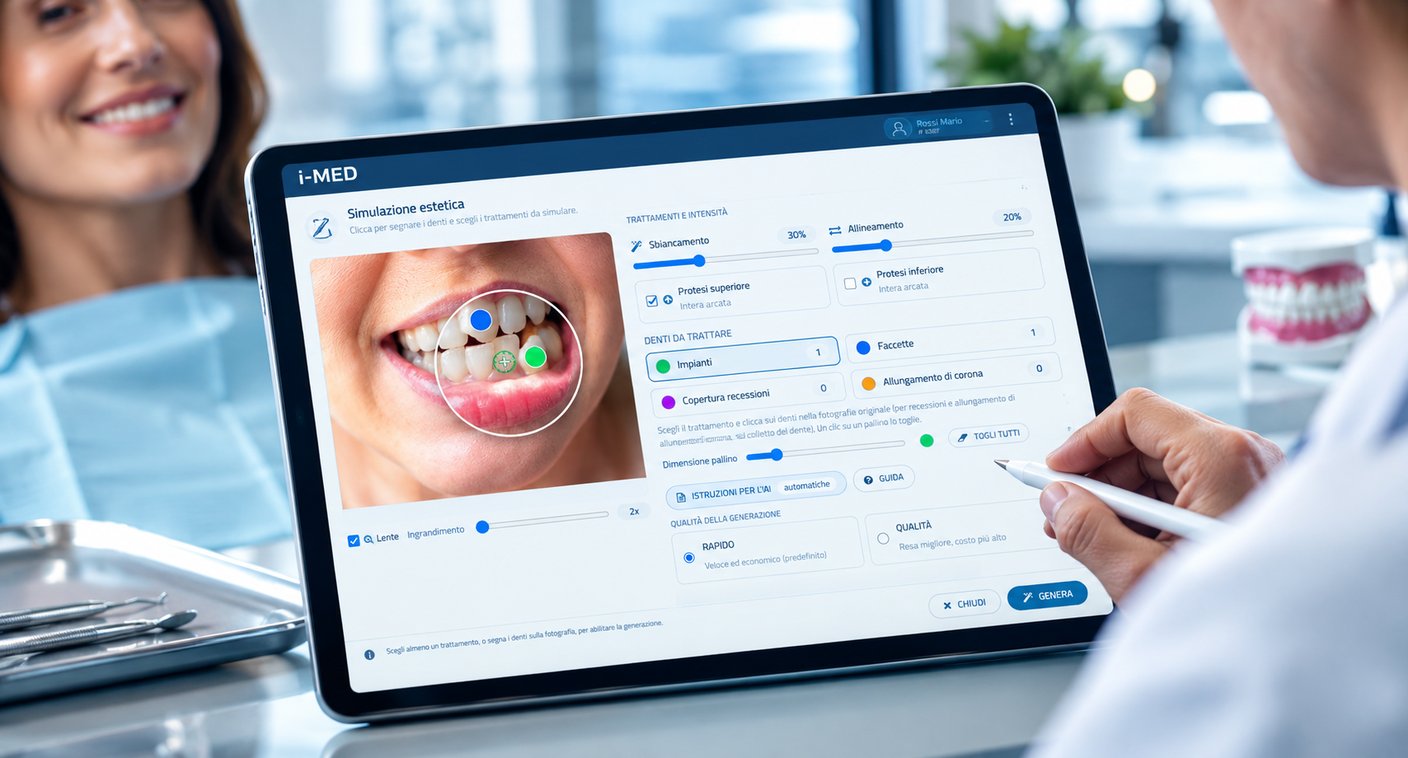 Immagine illustrativa generata con intelligenza artificiale: in poltrona il medico progetta la simulazione sul tablet, segnando sulla fotografia i denti da trattare mentre la Paziente osserva