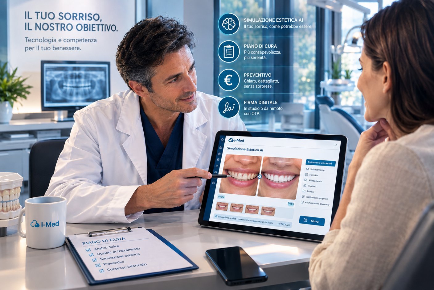 Immagine illustrativa generata con intelligenza artificiale: il medico mostra al Paziente, sul tablet, la simulazione del suo sorriso prima di presentare piano di cura e preventivo
