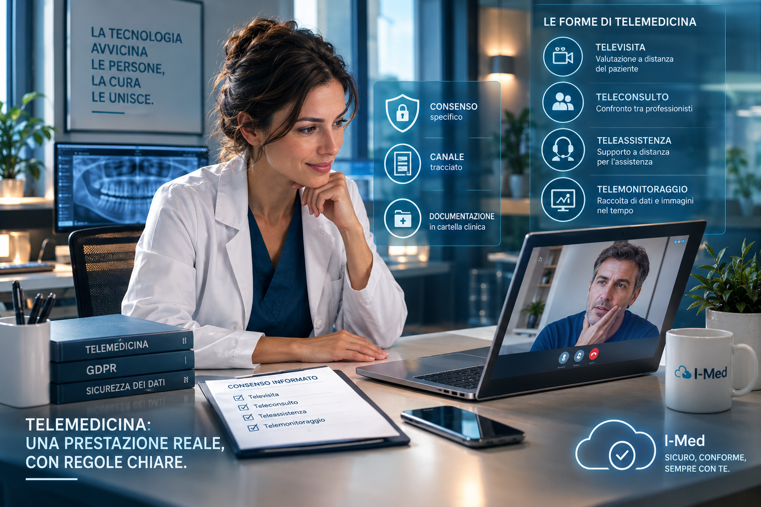 Medico in videoconsulto con un paziente da studio: le prestazioni di telemedicina - televisita, teleconsulto, teleassistenza - previste dalle linee guida nazionali