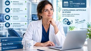 Dentista alla scrivania dello studio con i testi di AI Act e D.Lgs. 179/2026: dal 23 ottobre 2026 nuove regole sull'intelligenza artificiale per personale, formazione ECM, sanzioni e trasparenza
