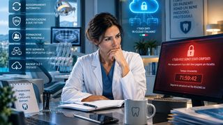 Dentista davanti a uno schermo con un attacco ransomware in corso e la checklist delle difese: aggiornamenti, autenticazione a due fattori, formazione, rete separata, backup 3-2-1 testato