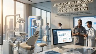 Studio dentistico con software I-Med a schermo: medico e collaboratore verificano regime forfettario e coefficiente di redditivit&agrave; 2026