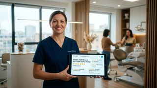 Dentista mostra su tablet le recensioni Google a 5 stelle dello studio, con reception e sala operativa sullo sfondo