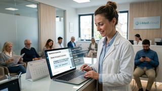 Reception di uno studio medico con la Segreteria AI su un portatile e Pazienti in sala d'attesa