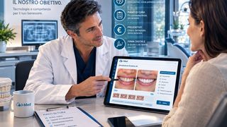 Medico che mostra alla Paziente sul tablet la simulazione estetica AI del suo sorriso, con confronto prima e dopo e avvertenza di simulazione grafica