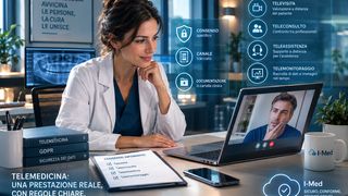 Medico in videoconsulto con un paziente da studio: le prestazioni di telemedicina - televisita, teleconsulto, teleassistenza - previste dalle linee guida nazionali